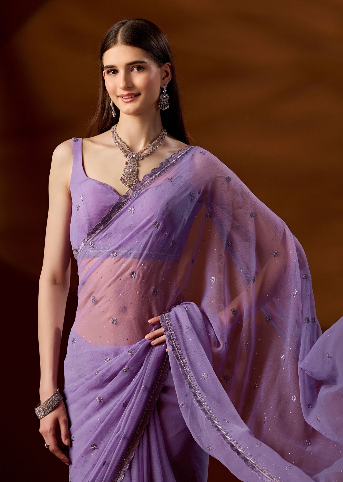 Lavender Purple Chiffon Saree Draped Pose - Festive Wear Saree