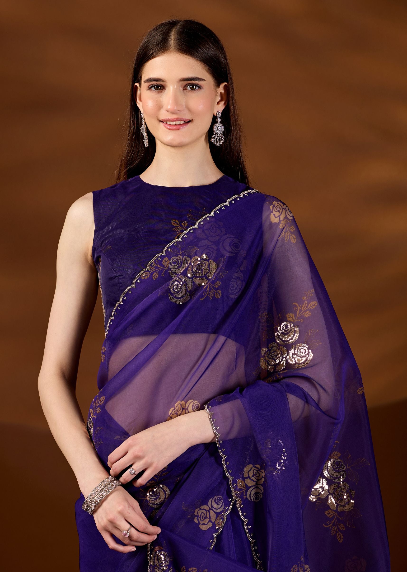 Purple Organza Saree Draped Pose - Embellished Border Detail