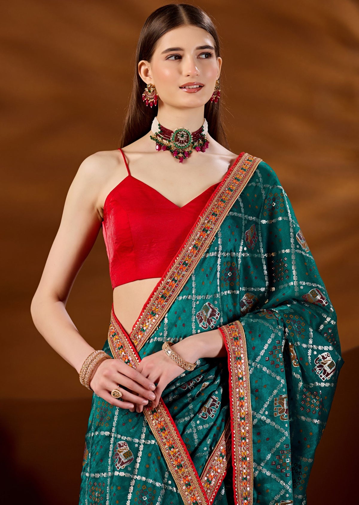 Firozi Art Silk Saree Elephant Motif Jaal - Close Up Pose