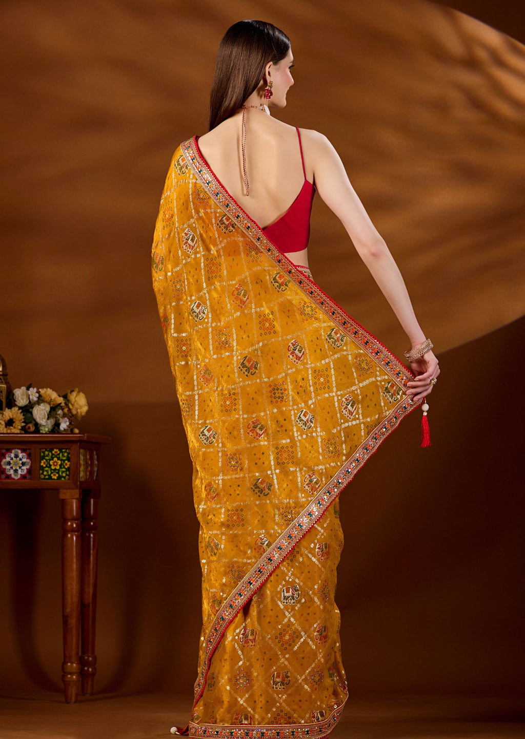 Yellow Art Silk Saree Draped Look - Zari Elephant Motif Detail