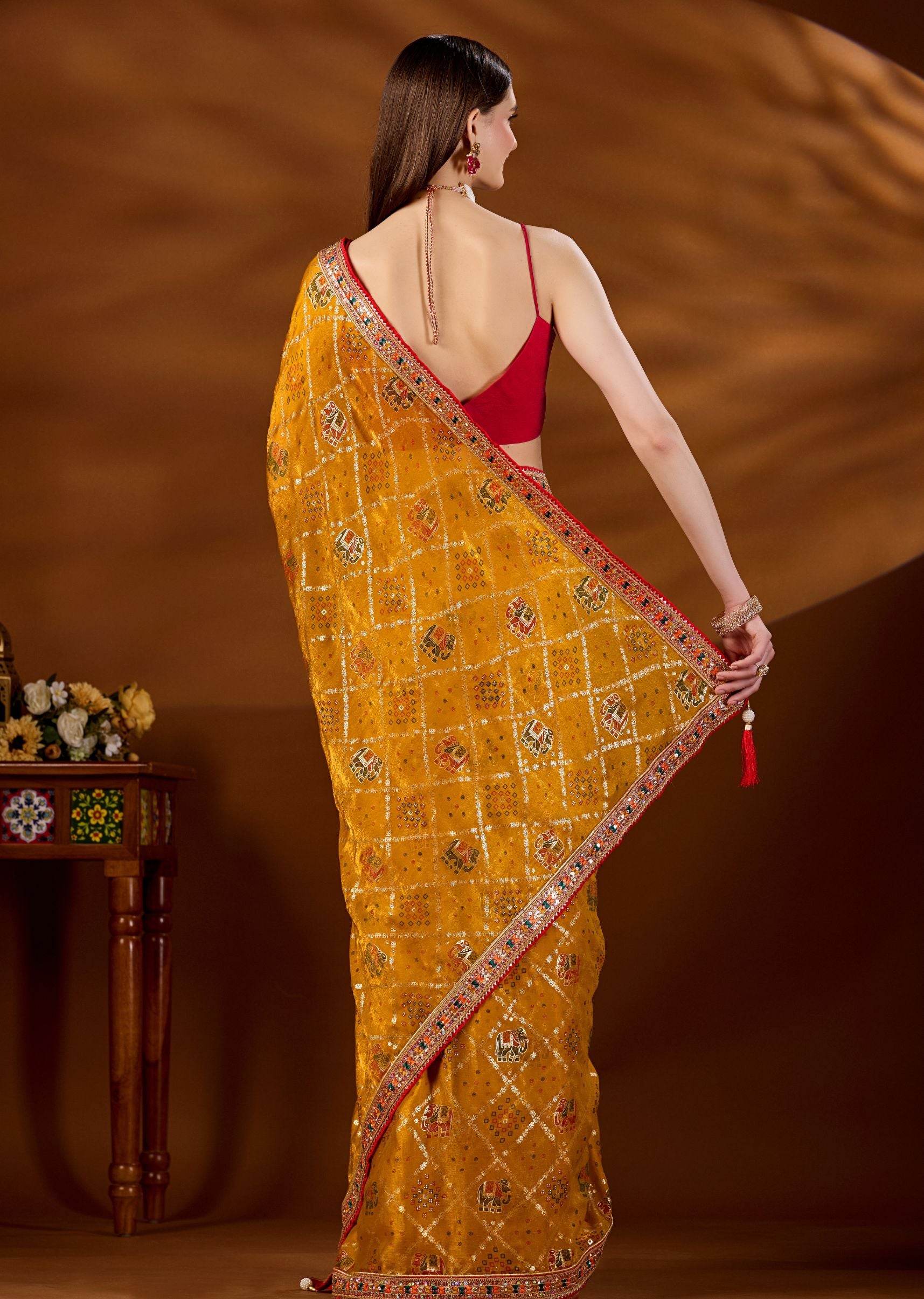 Yellow Art Silk Saree Draped Look - Zari Elephant Motif Detail