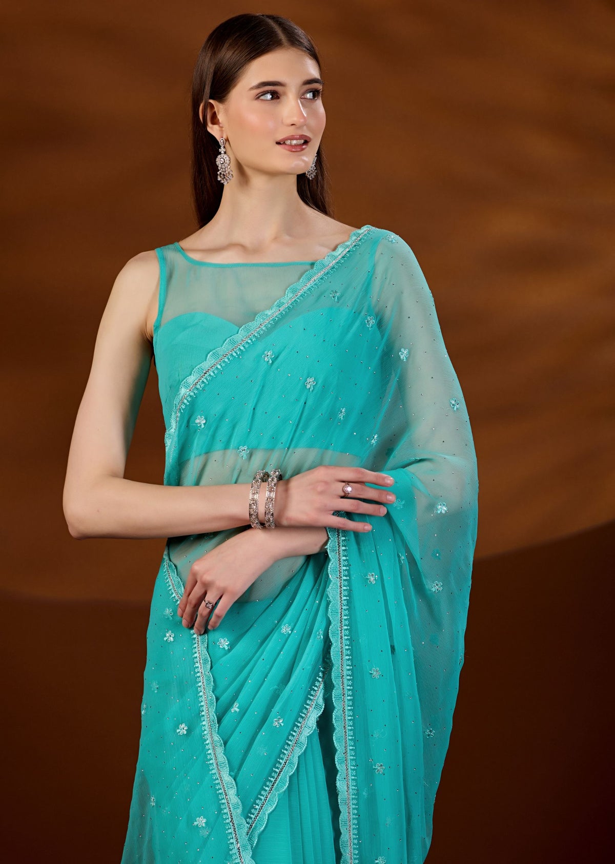 Firozi Chiffon Saree Side View - Festive Wear Saree