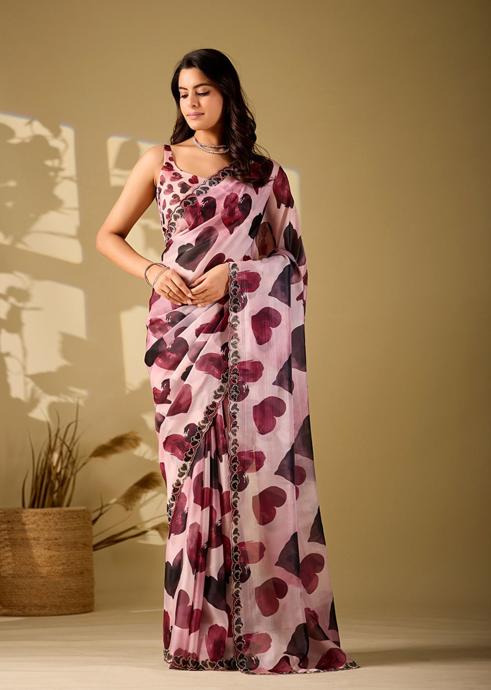 pink heart print saree full front pose
