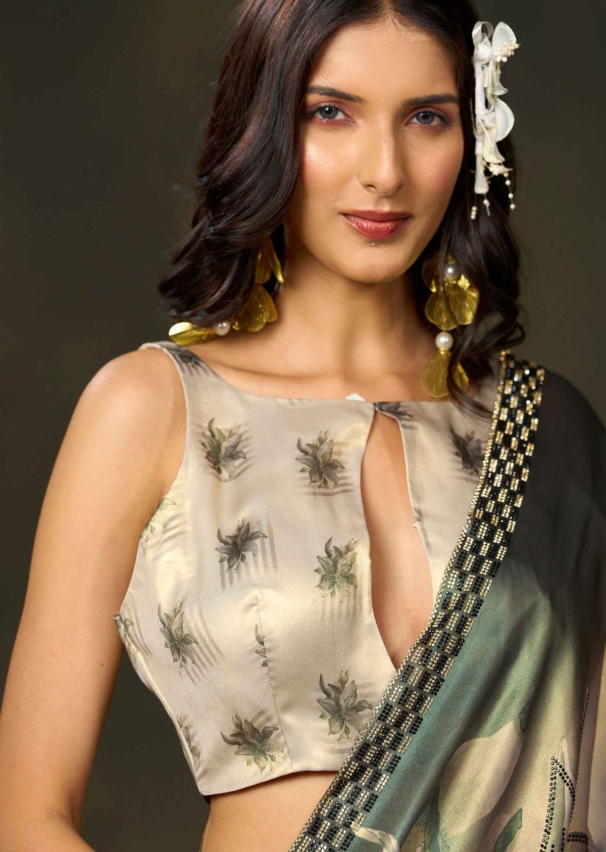 Green Ombre Black Floral Printed Satin Silk Saree With Patterned Border