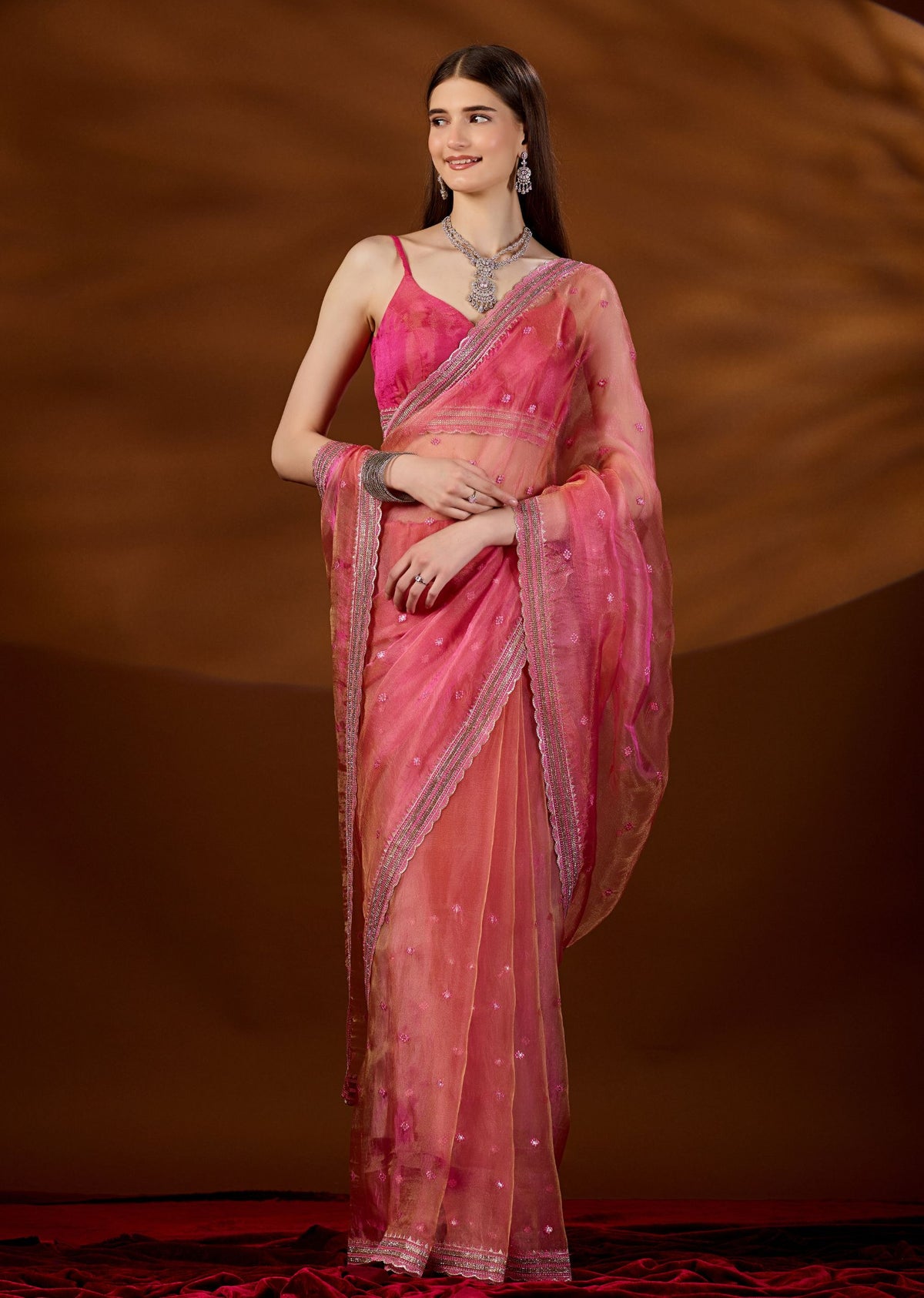 Pink Tissue Saree Draped Pose - Festive Wear Saree