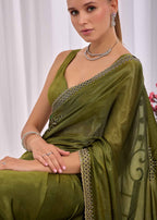 Mehendi Green Italian Silk Saree With Diamond Pattern Border And Bead Motifs