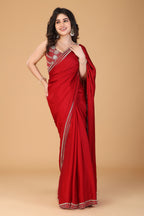 Red stone work pure satin saree