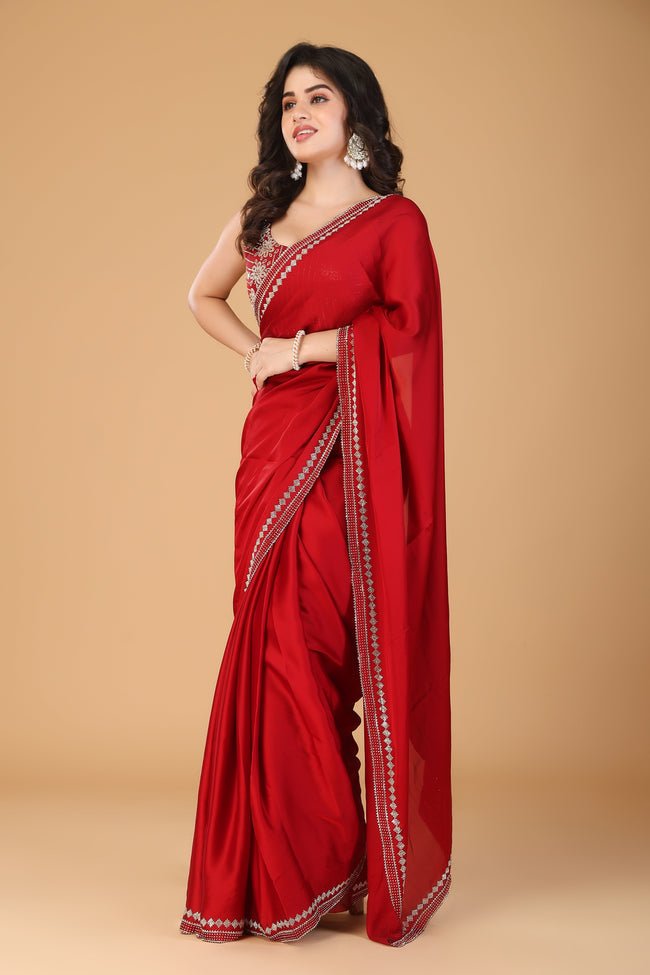 Red stone work pure satin saree Main Image