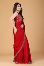 Red stone work pure satin saree