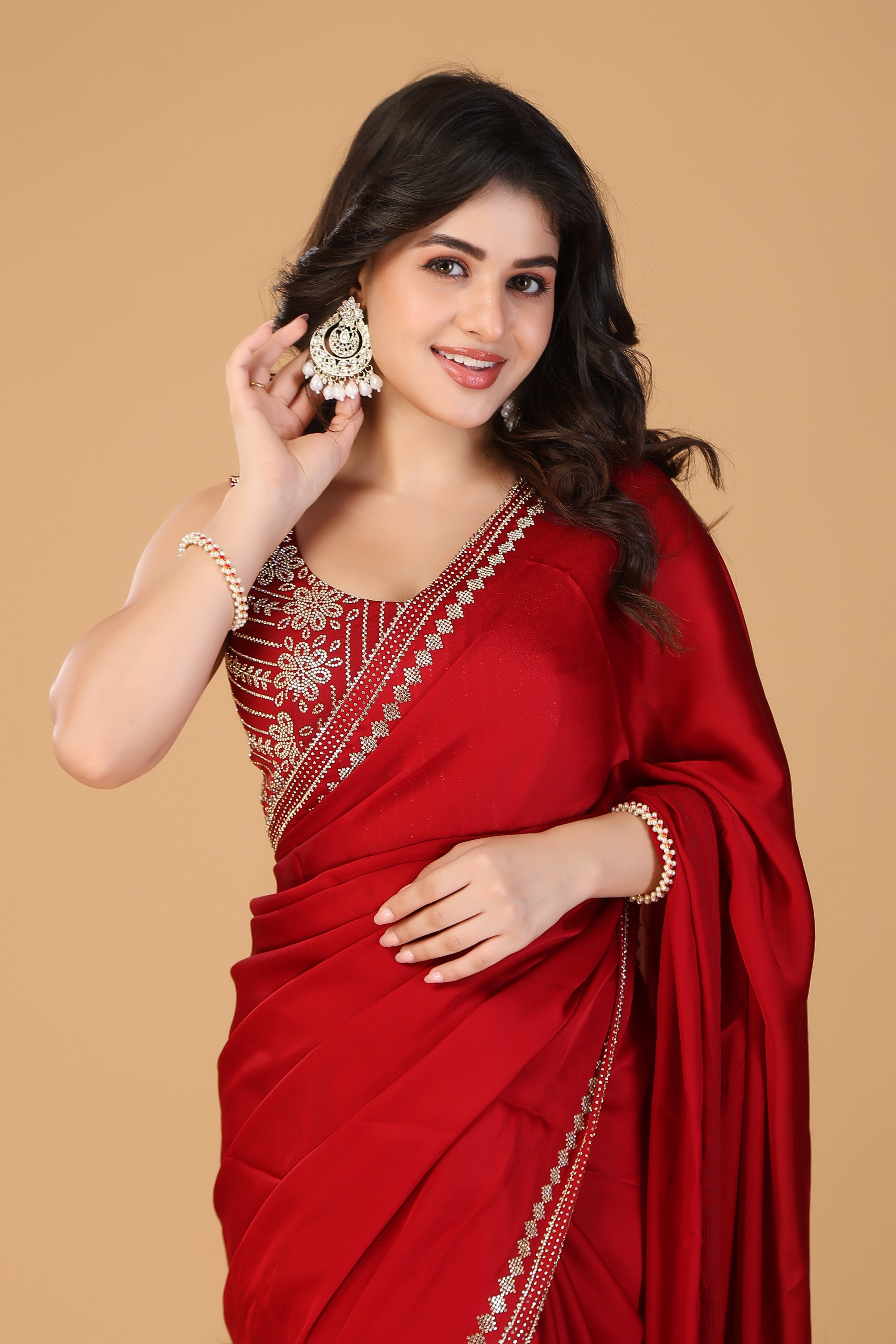 Red stone work pure satin saree