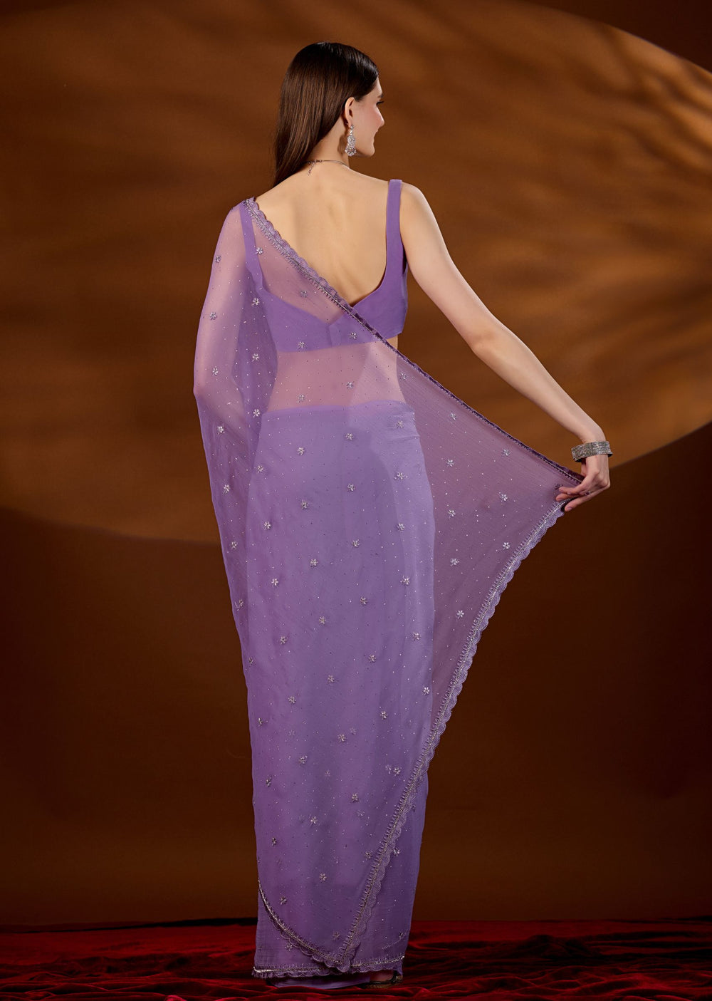 Lavender Purple Chiffon Saree Draped Look - Sequin Floral Motif Detail