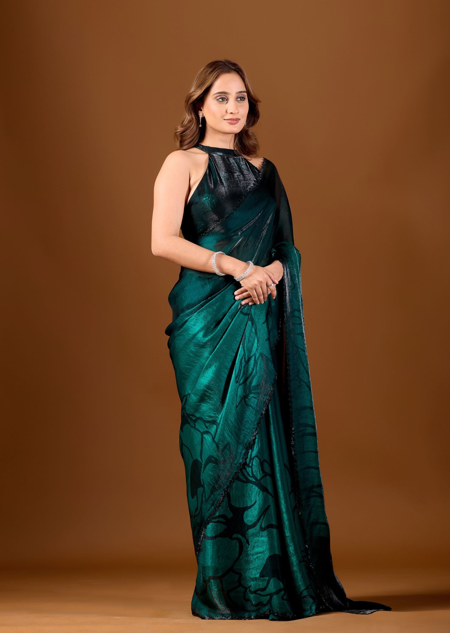 Wine Purple Organza Saree with Abstract Floral Print & Designer Scalloped Border