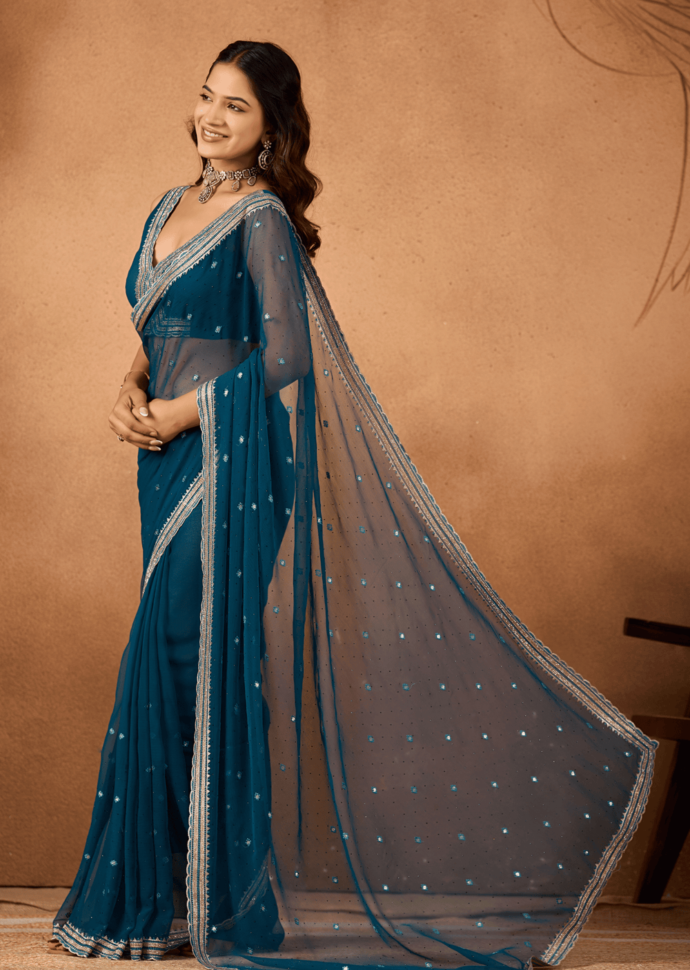 Blue Chiffon Saree Side View - Festive Wear Saree