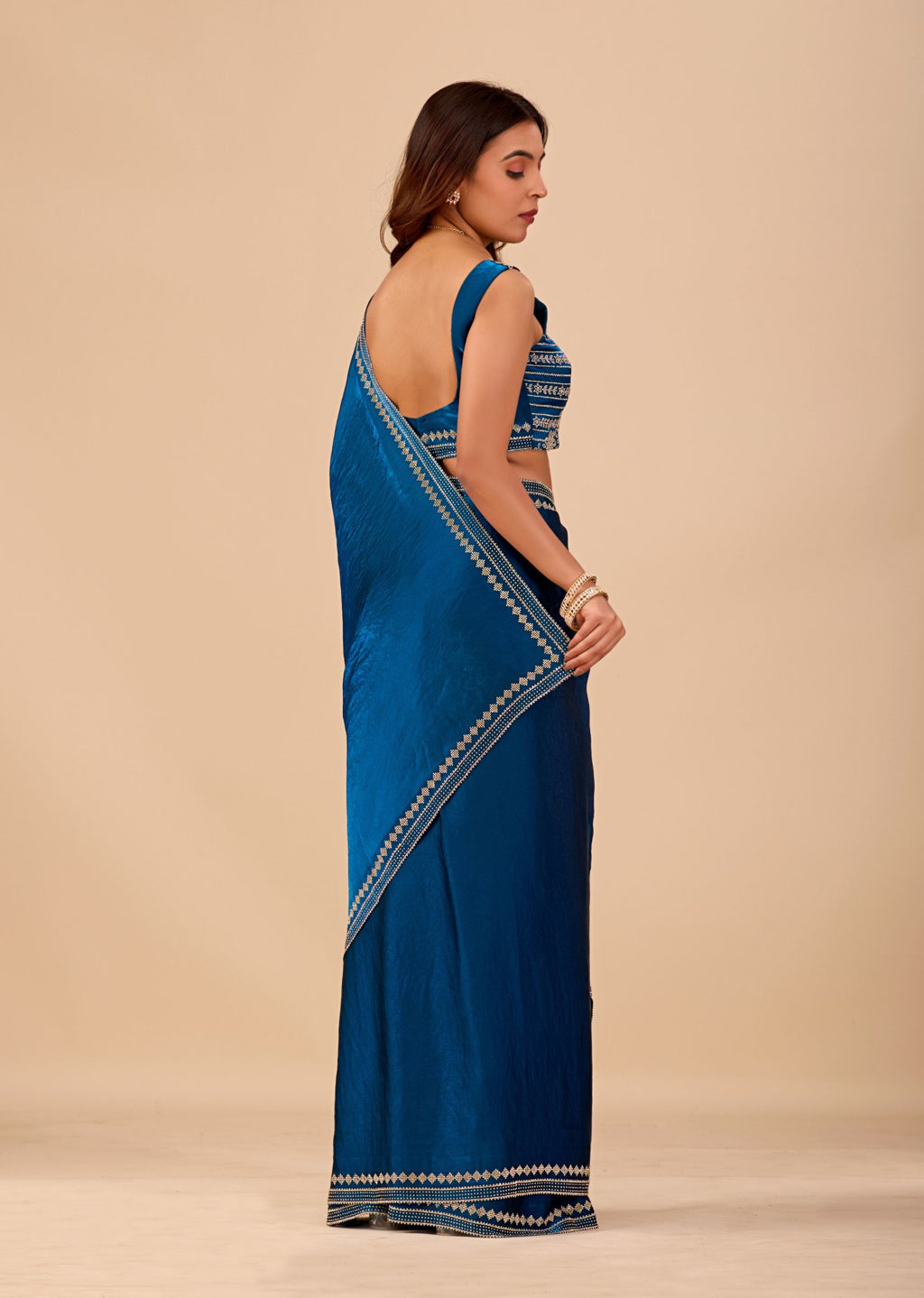 Royal Blue Organza Saree with Stone Work Border & Designer Embellished Blouse