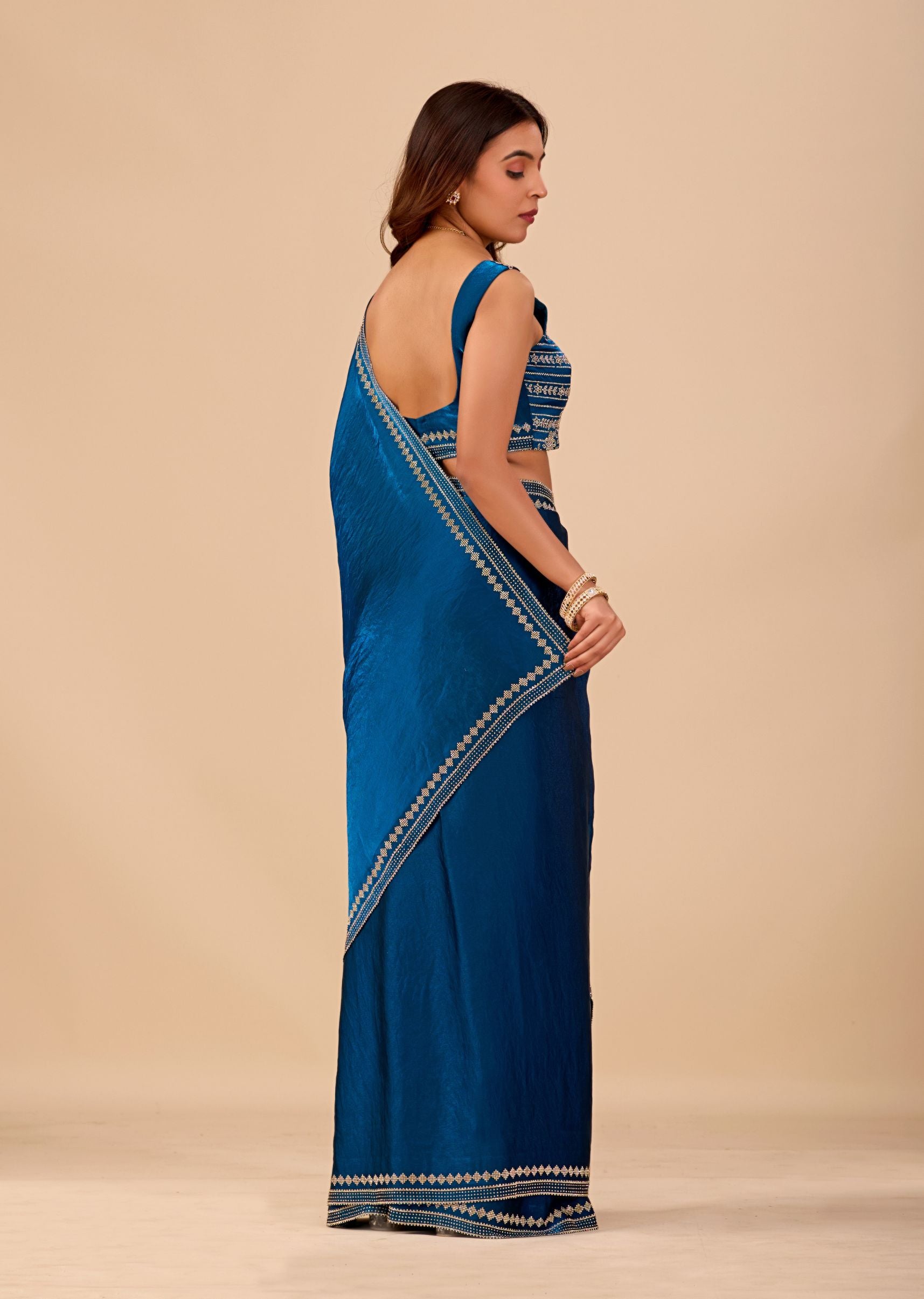 Royal Blue Organza Saree with Stone Work Border & Designer Embellished Blouse