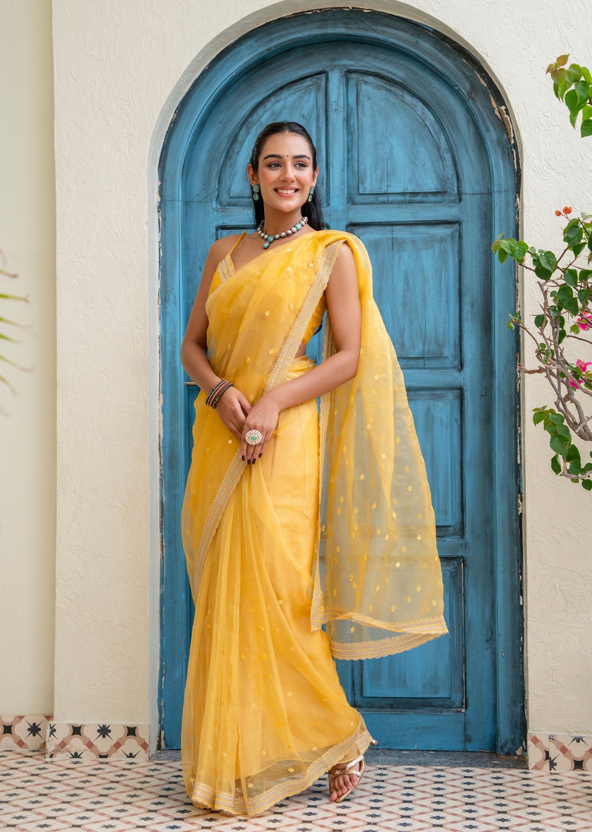 Yellow Tissue Silk Saree Draped Pose - Party Wear Saree