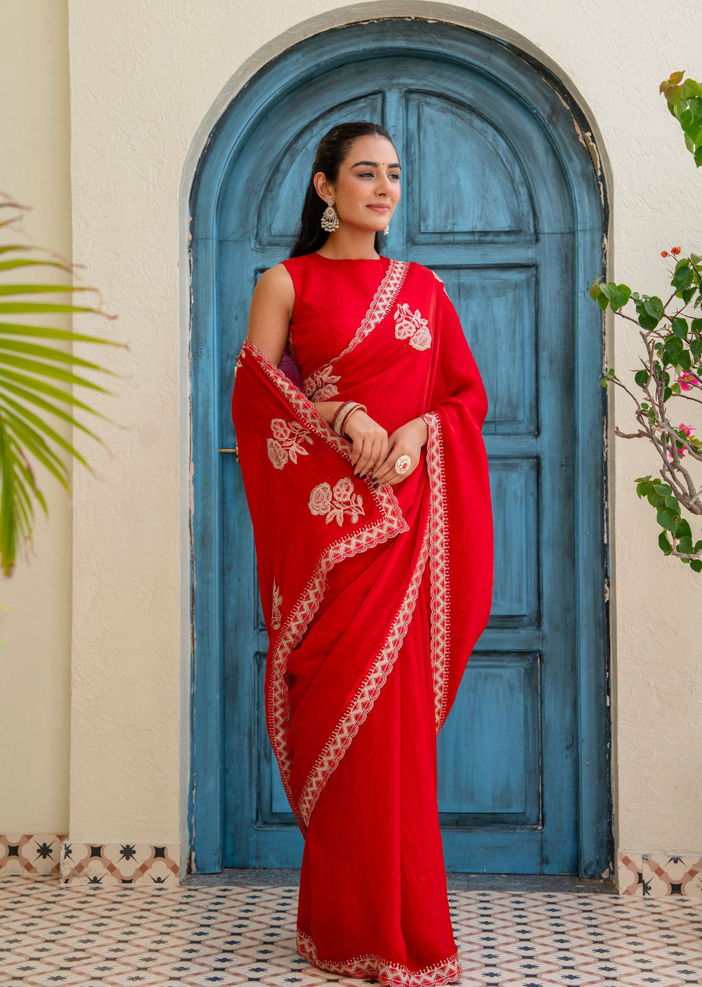 Red Italian Silk Saree Draped Pose - Stone Work Detail