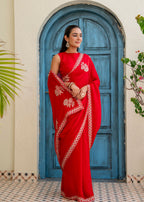Red Italian Silk Saree Draped Pose - Stone Work Detail