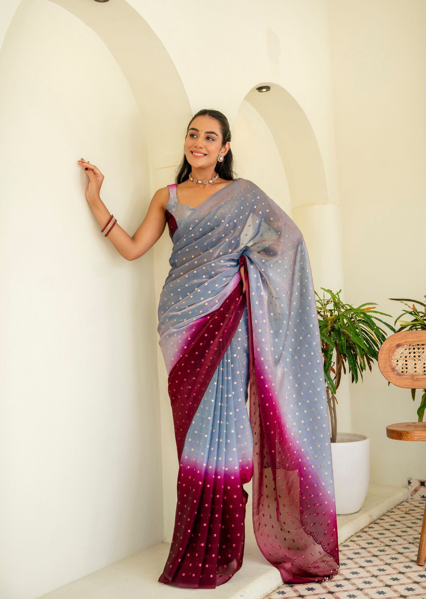 Royal Wine Grey Organza Silk Saree Front Pose - Party Wear Saree