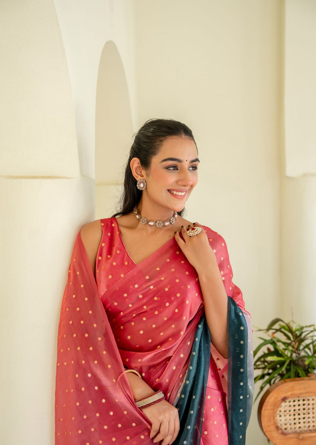 Coral Pink Organza Silk Saree Draped Look - Party Wear Saree