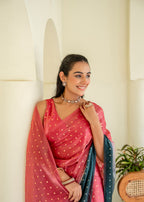 Coral Pink Organza Silk Saree Draped Look - Party Wear Saree