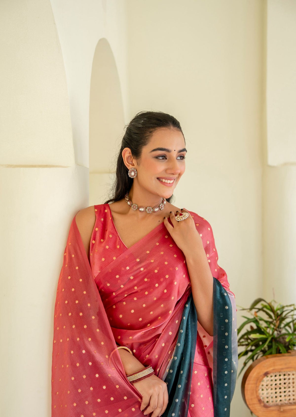 Coral Pink Organza Silk Saree Draped Look - Party Wear Saree