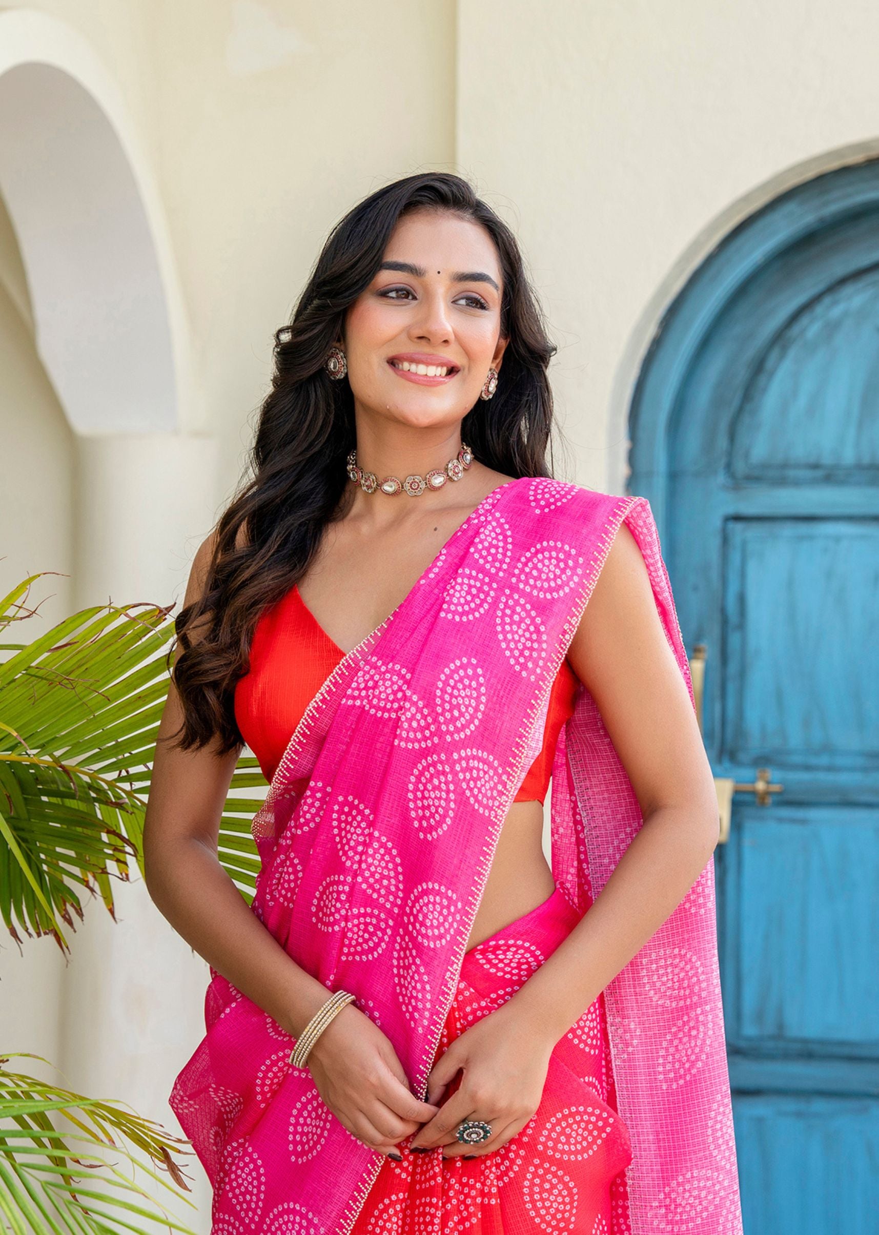 Rani Pink Kota Silk Saree Outdoor Styled Pose - Party Wear Saree