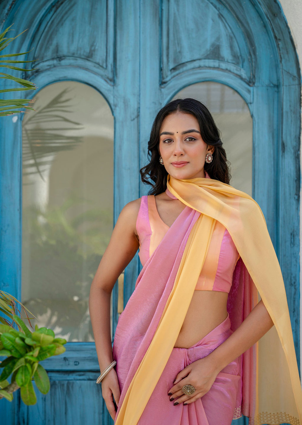Pink Organza Saree Close Up Pose - Party Wear Saree