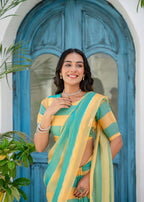 Sky Blue Organza Saree Draped Look - Leheriya Design Close Up