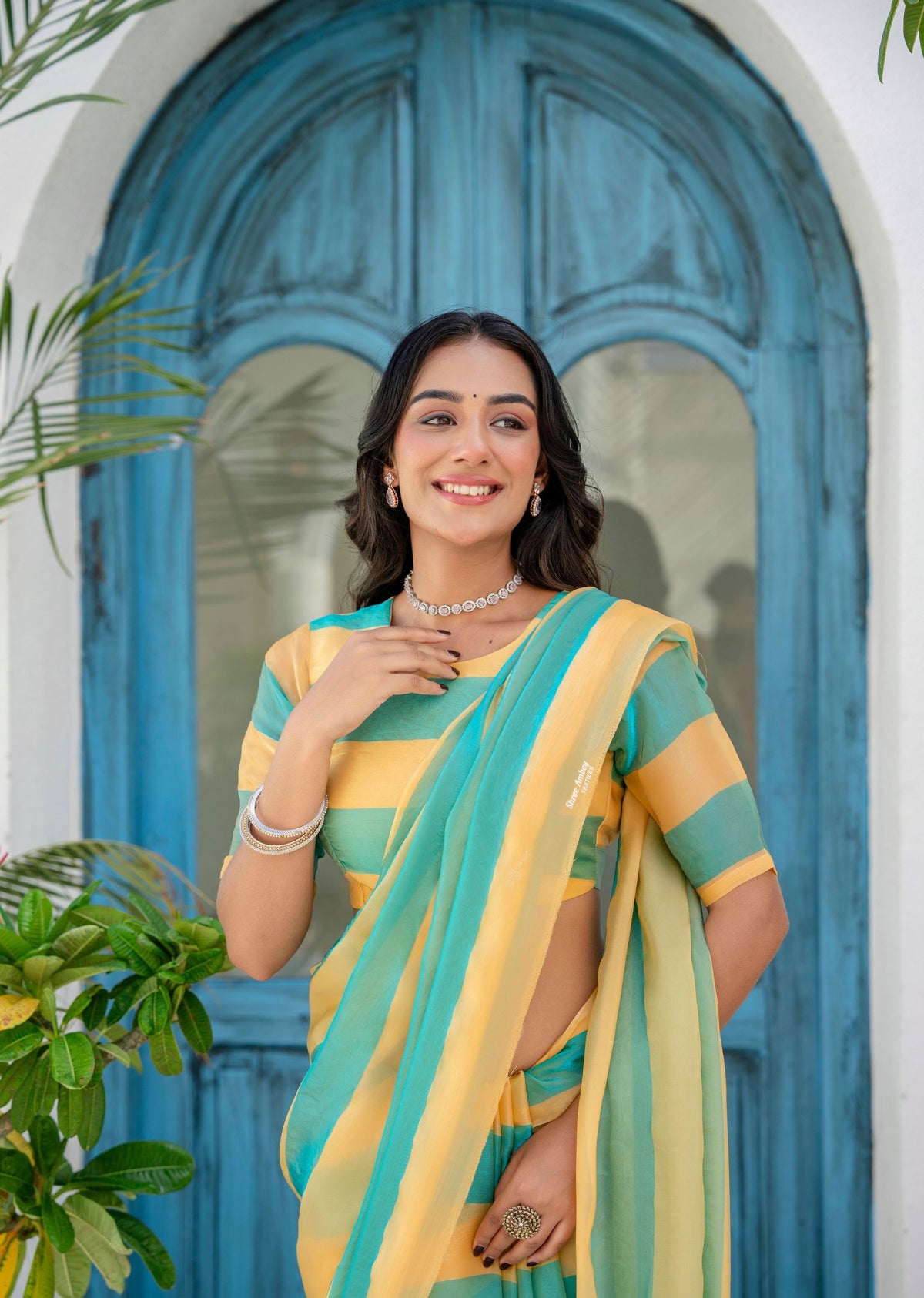 Sky Blue Organza Saree Draped Look - Leheriya Design Close Up