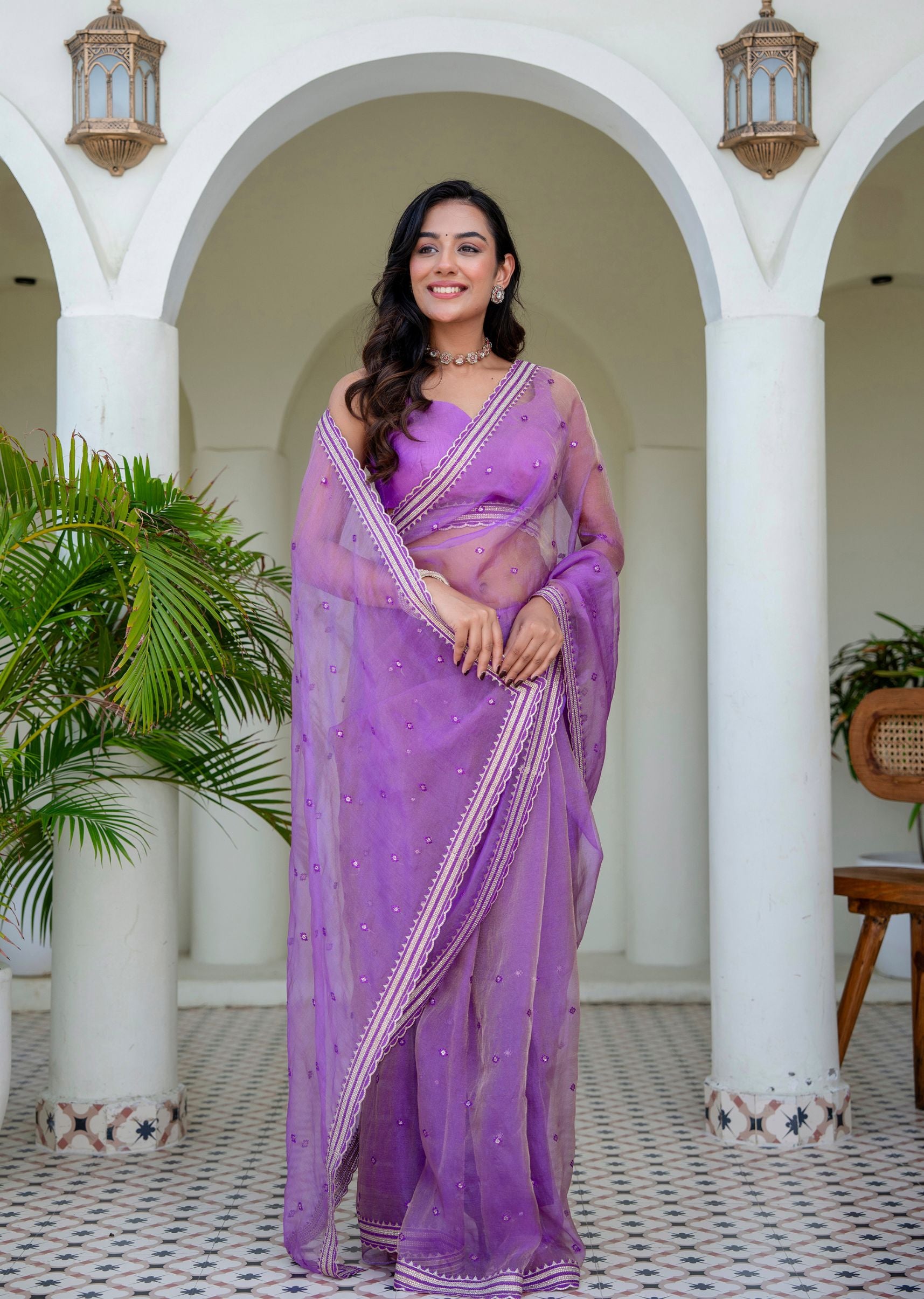 Purple Tissue Silk Saree Draped Look - Zari Border Detail