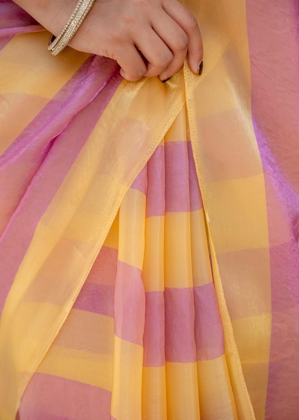 Pink Organza Saree Pallu Close Up - Leheriya Design Detail