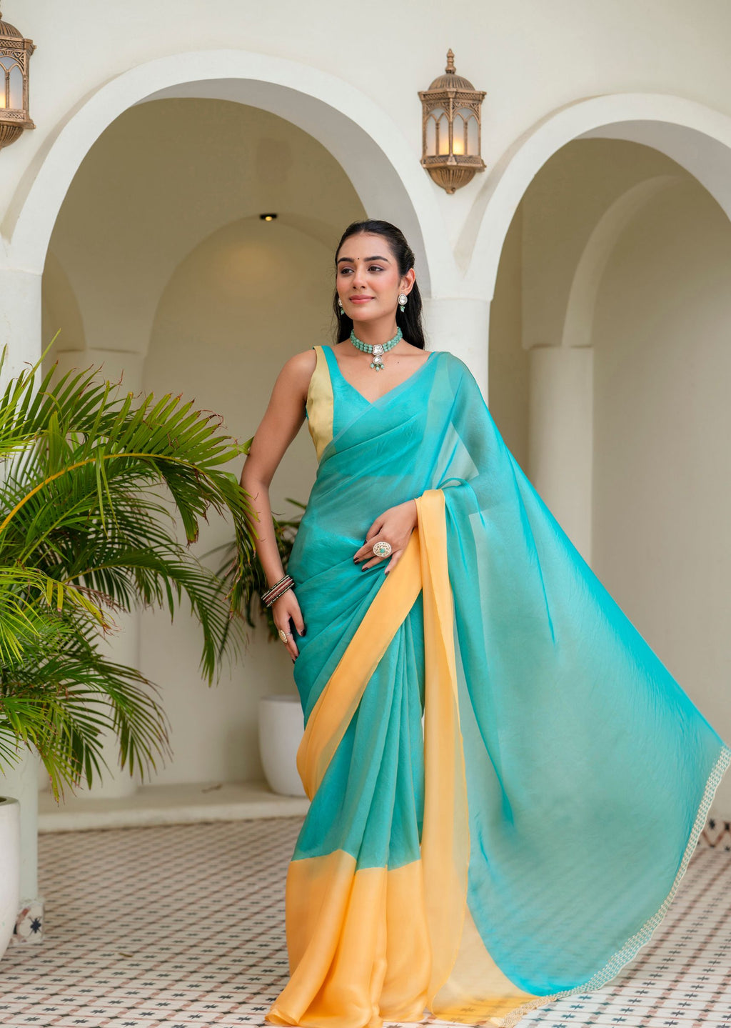 Sky Blue Organza Saree Outdoor Styled Look - Festive Wear Saree