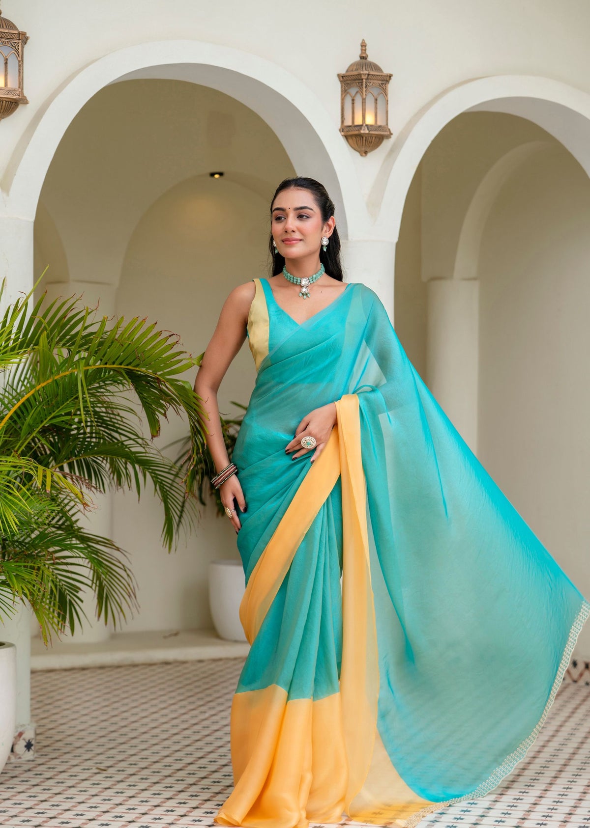Sky Blue Organza Saree Outdoor Styled Look - Festive Wear Saree