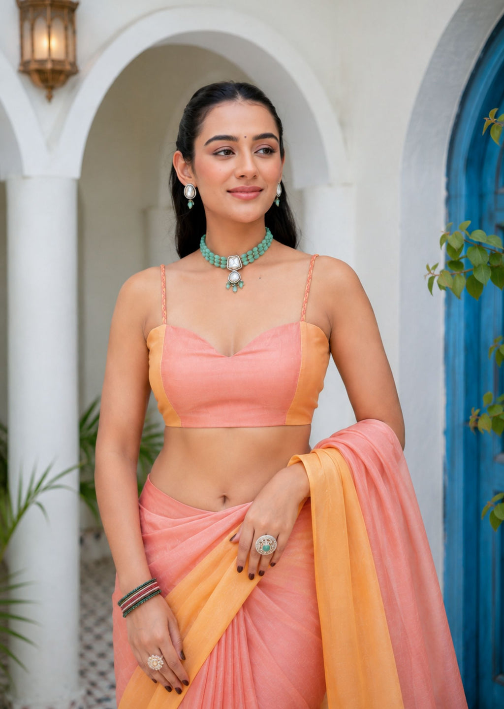 Peach Orange Organza Saree Outdoor Styled Look - Festive Wear Saree