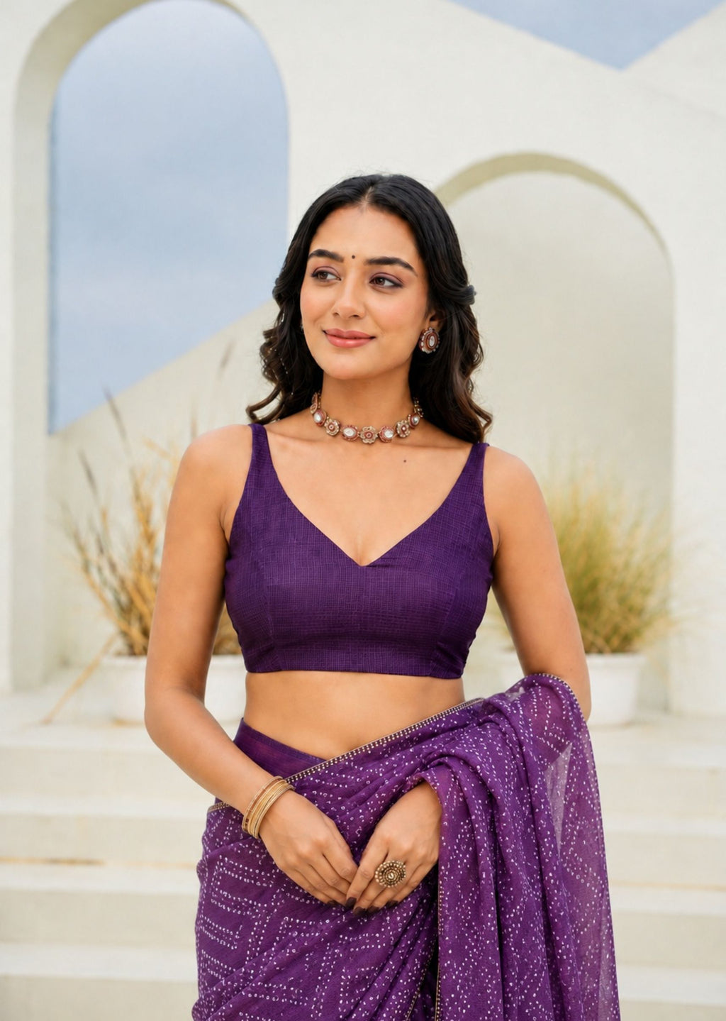 Purple Red Kota Silk Saree Standing Pose - Festive Wear Saree