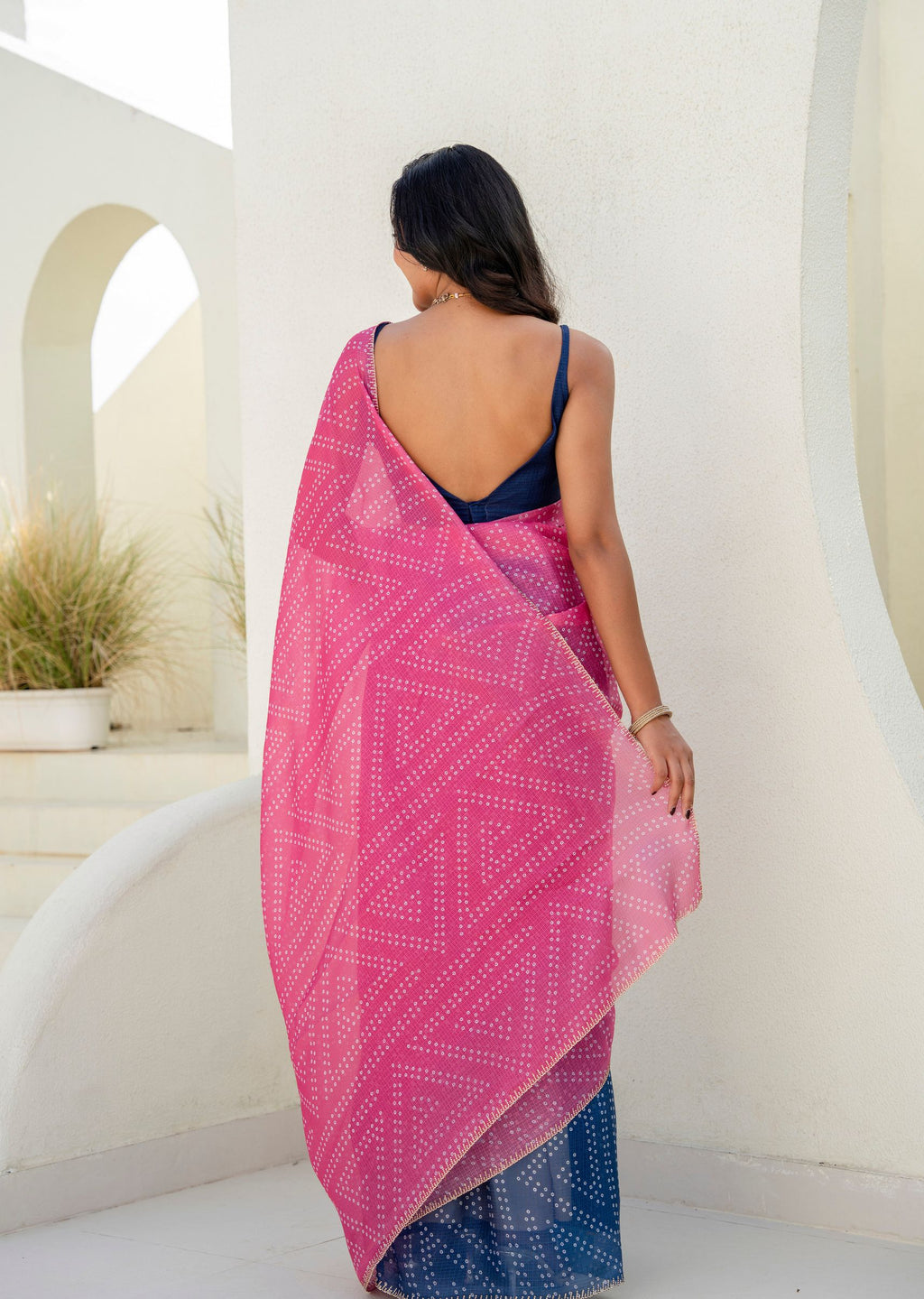Pink Blue Kota Silk Saree Back Pose - Bandhani Dots Detail