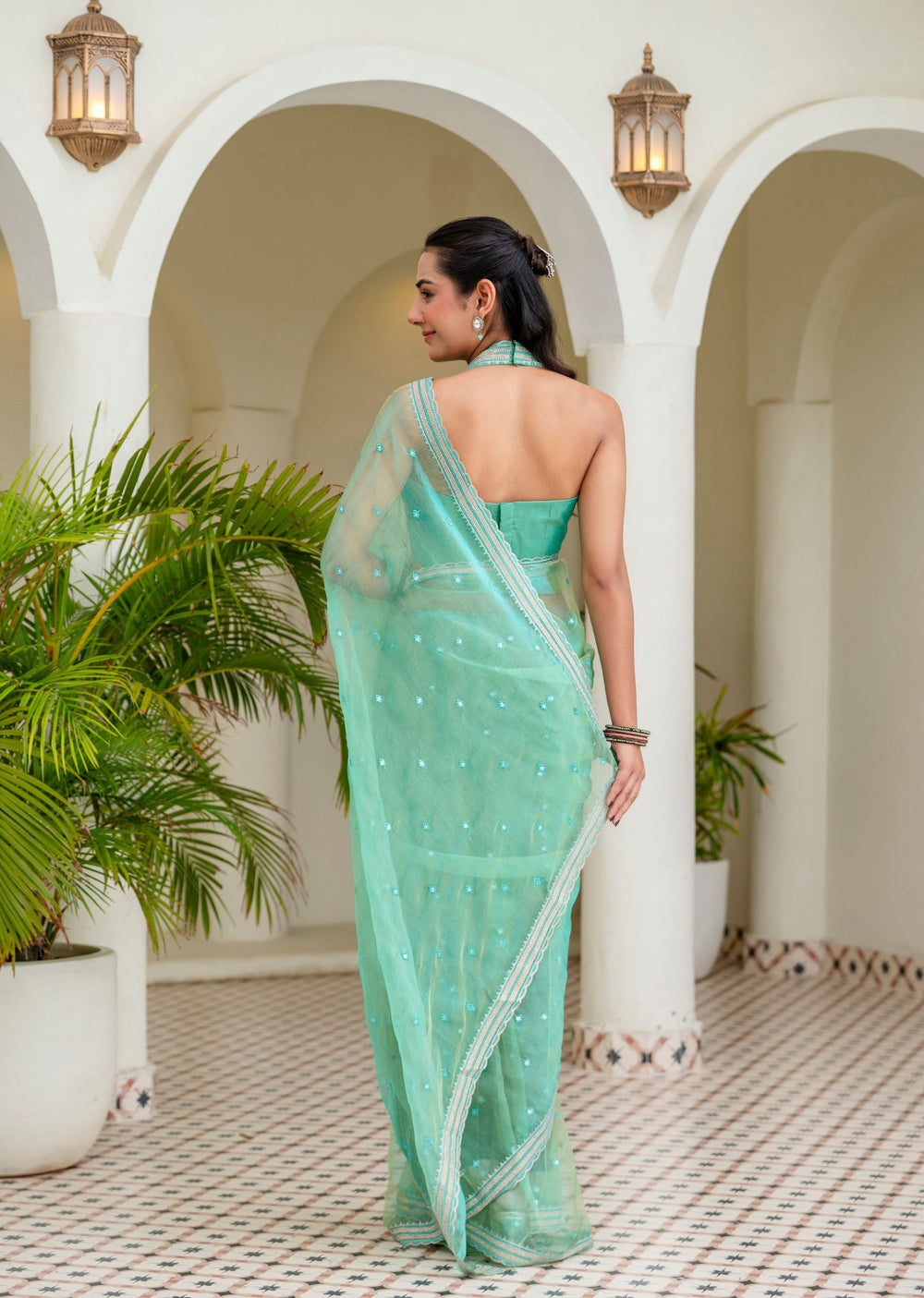 Firozi Tissue Silk Saree Outdoor Styled Look - Festive Wear Saree