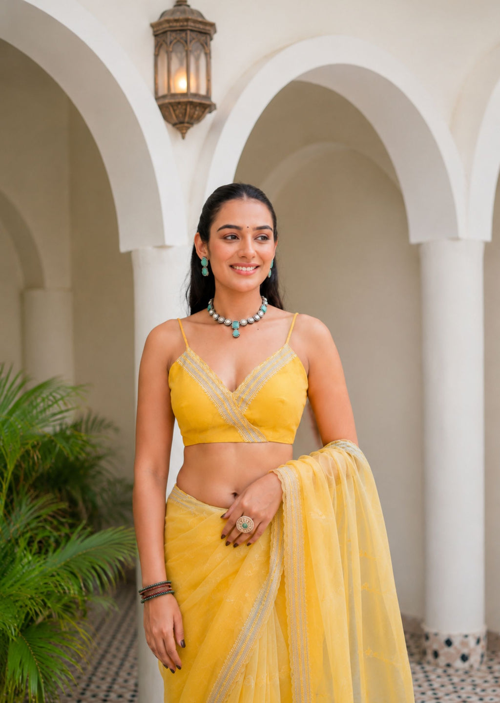 Yellow Tissue Silk Saree Draped Look - Zari Border Detail