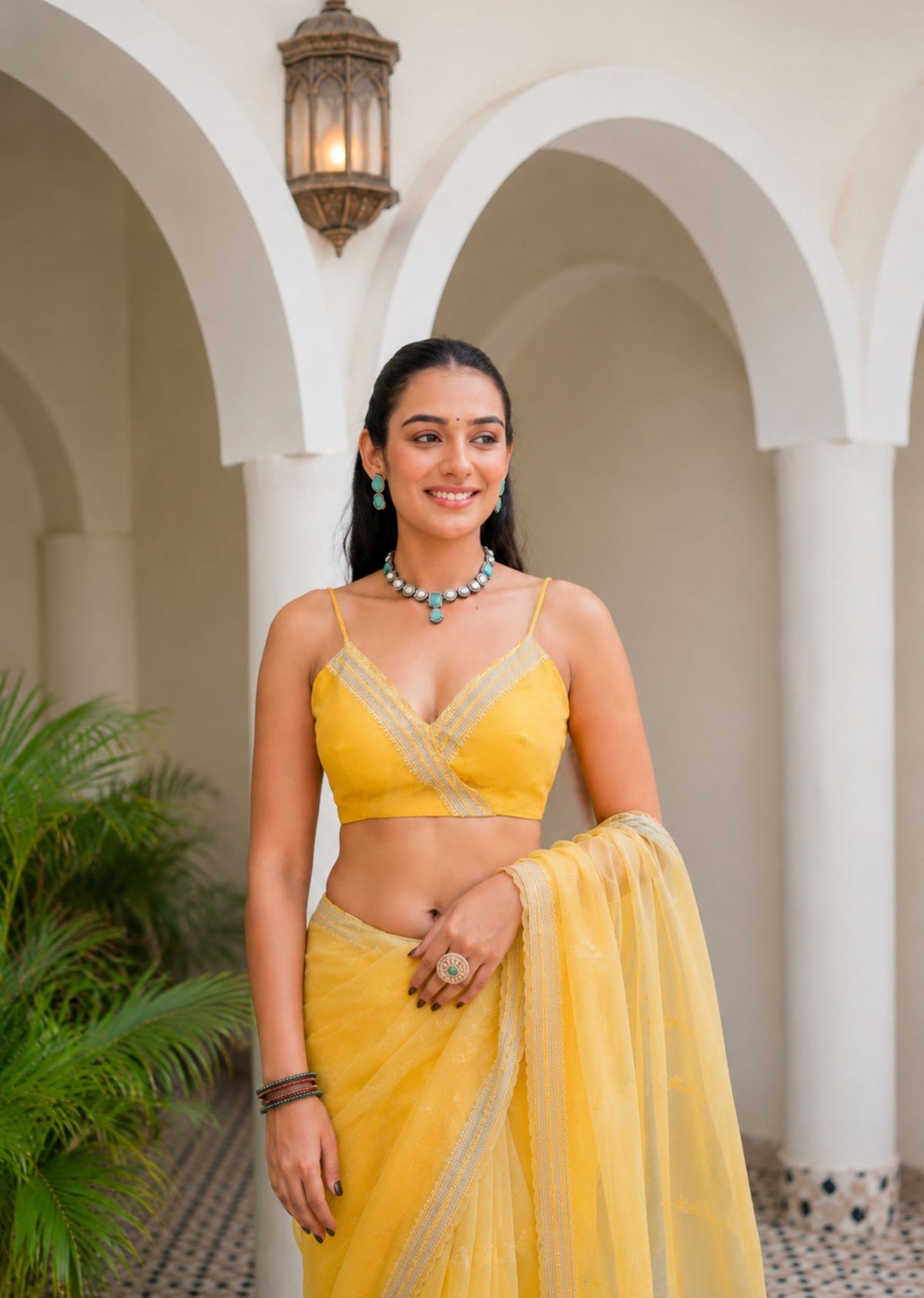 Yellow Tissue Silk Saree Draped Look - Zari Border Detail