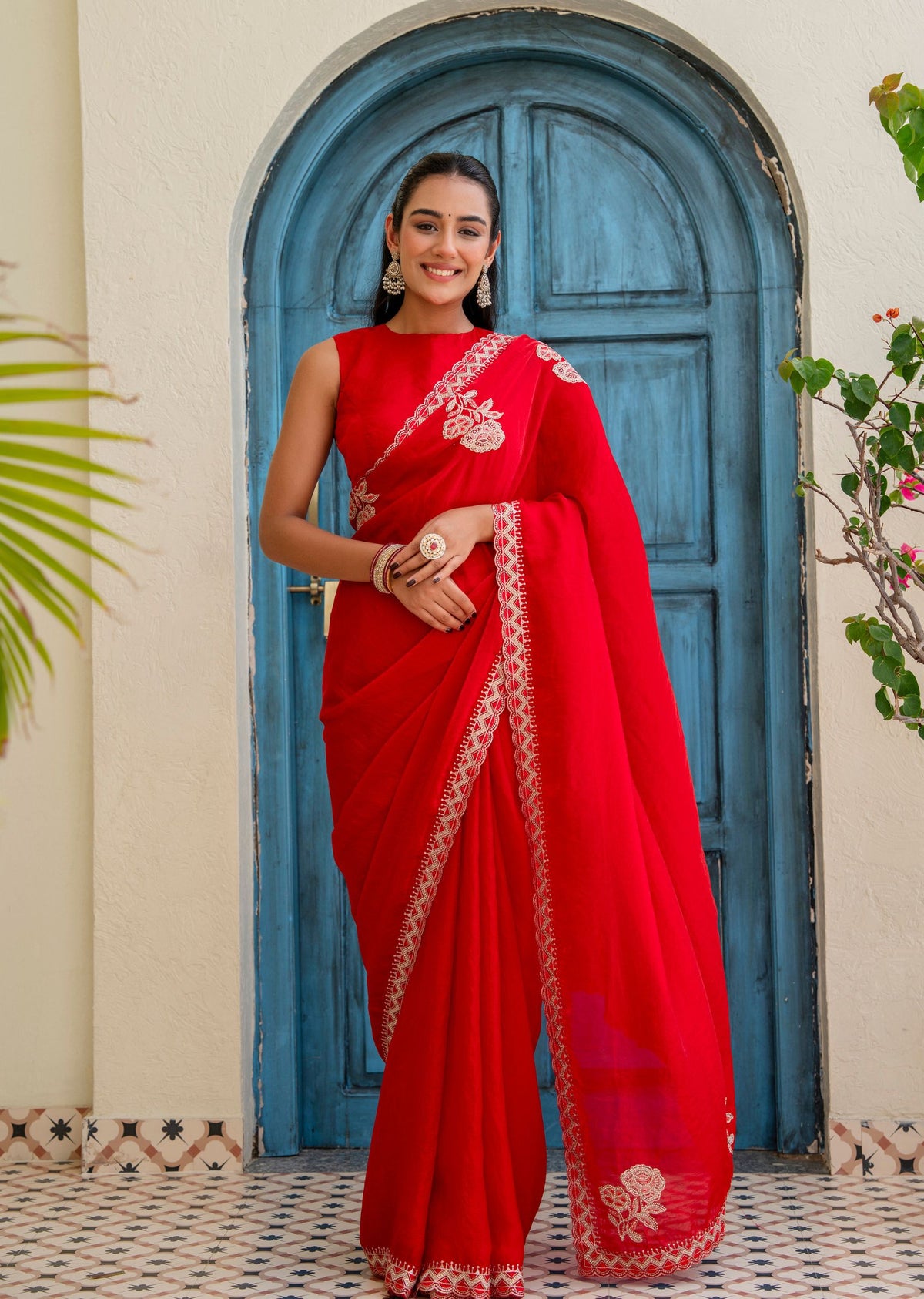 Red Italian Silk Saree Outdoor Styled Look - Wedding Wear Saree