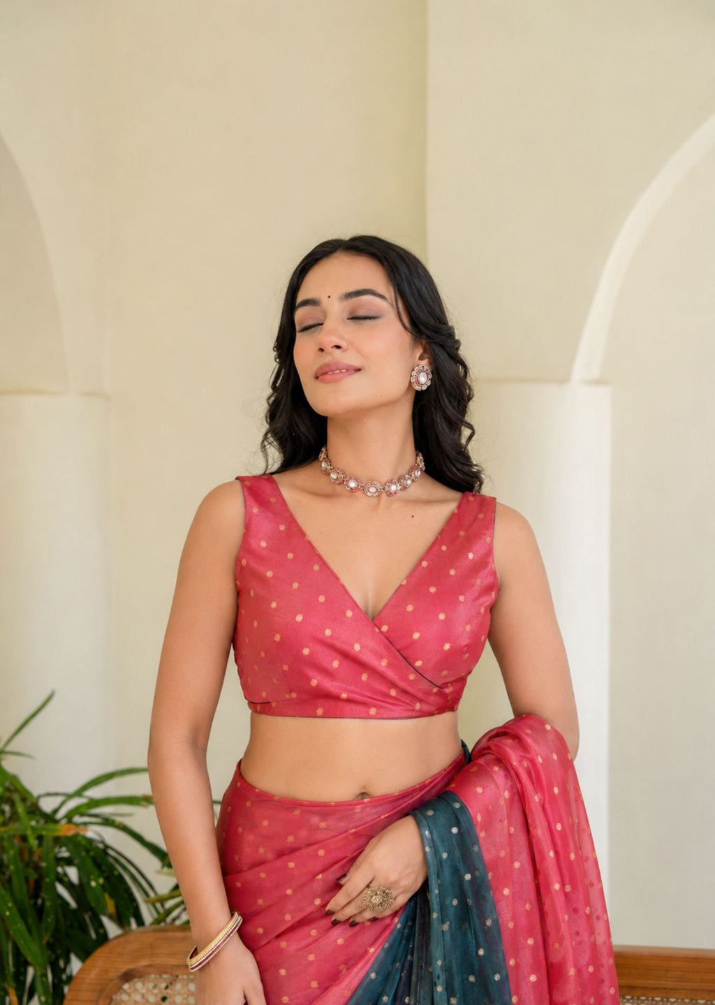 Coral Pink Organza Silk Saree Close Up Pose - Festive Wear Saree