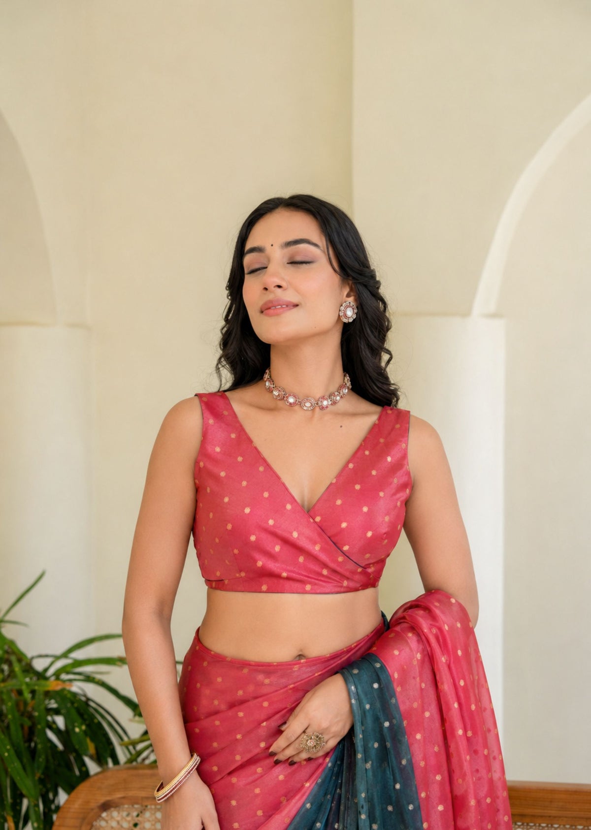 Coral Pink Organza Silk Saree Close Up Pose - Festive Wear Saree