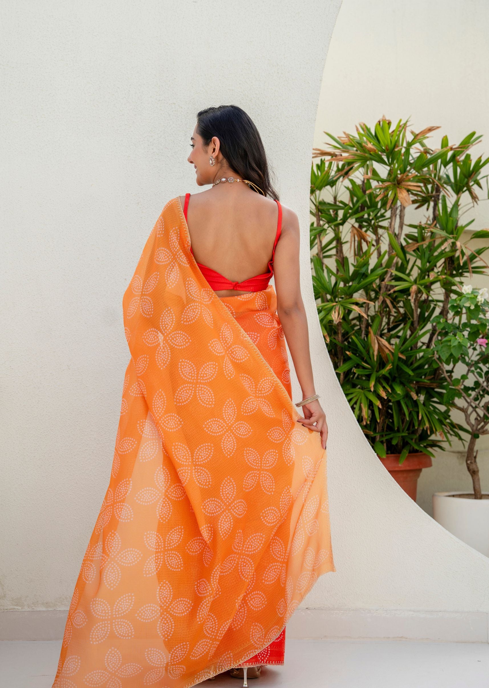 Orange Kota Silk Saree Back Pose - Bandhani Print Detail