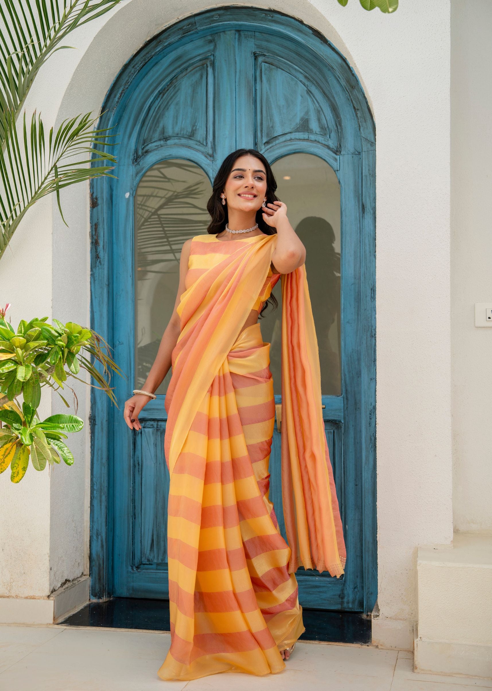 Orange Organza Saree Close Up Pose - Party Wear Saree