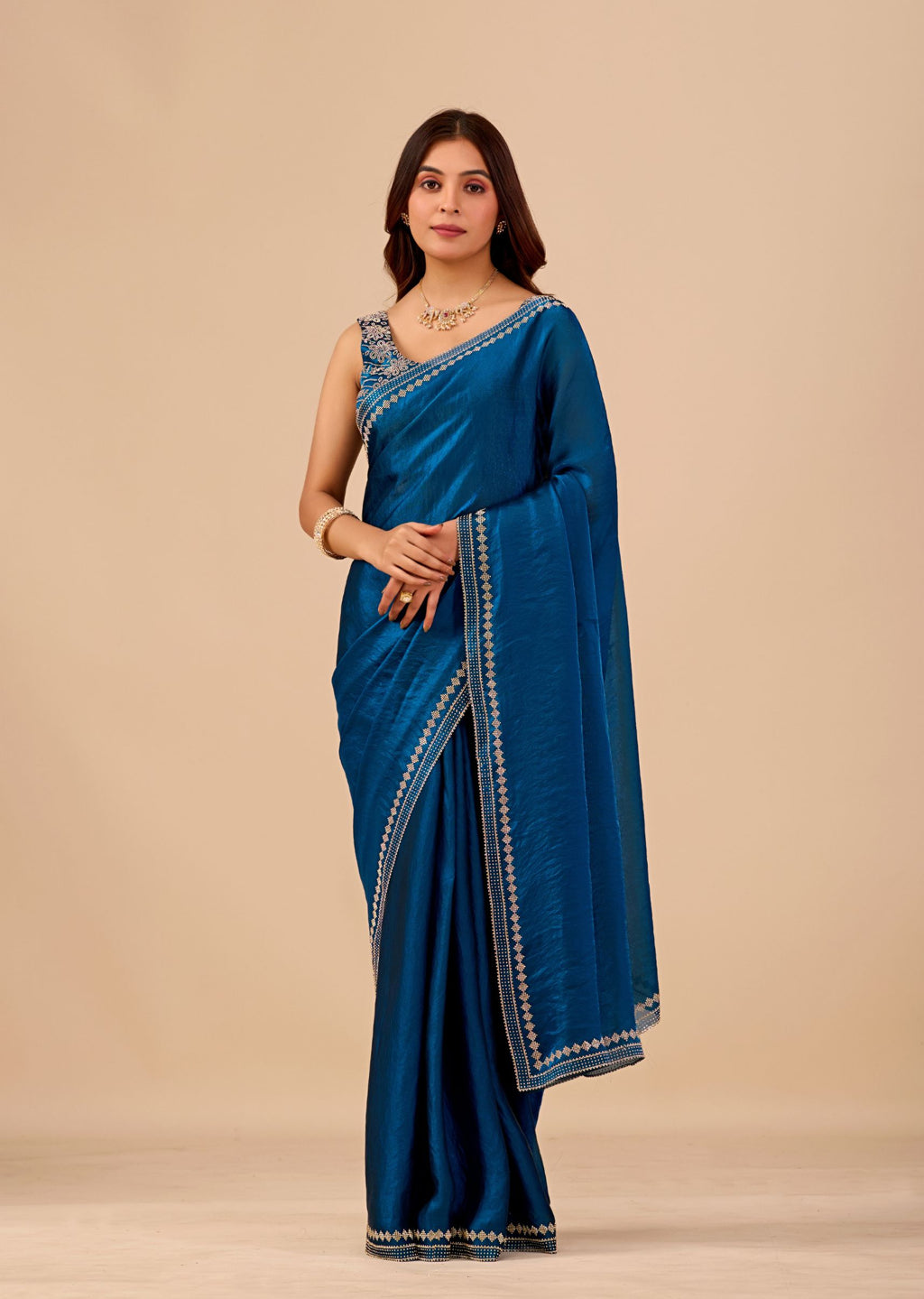 Royal Blue Organza Saree with Stone Work Border & Designer Embellished Blouse