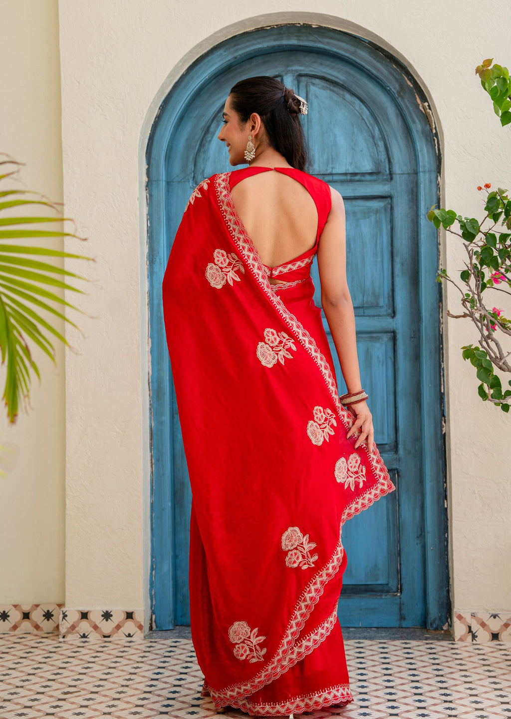Red Italian Silk Saree Outdoor Look - Festive Wear Saree