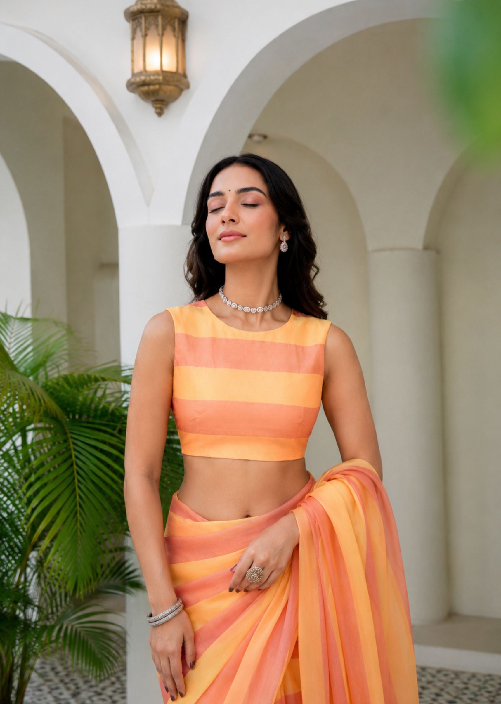 Orange Organza Saree Front Pose - Festive Wear Saree