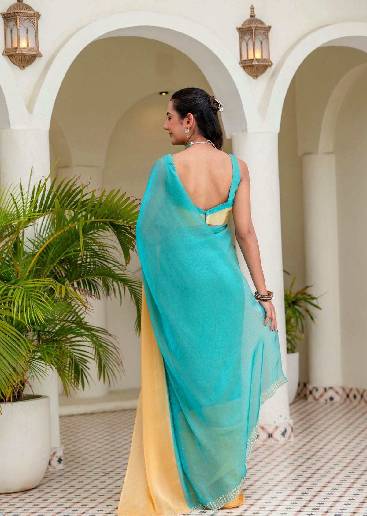 Sky Blue Organza Saree Draped Look - Yellow Contrast Border Detail