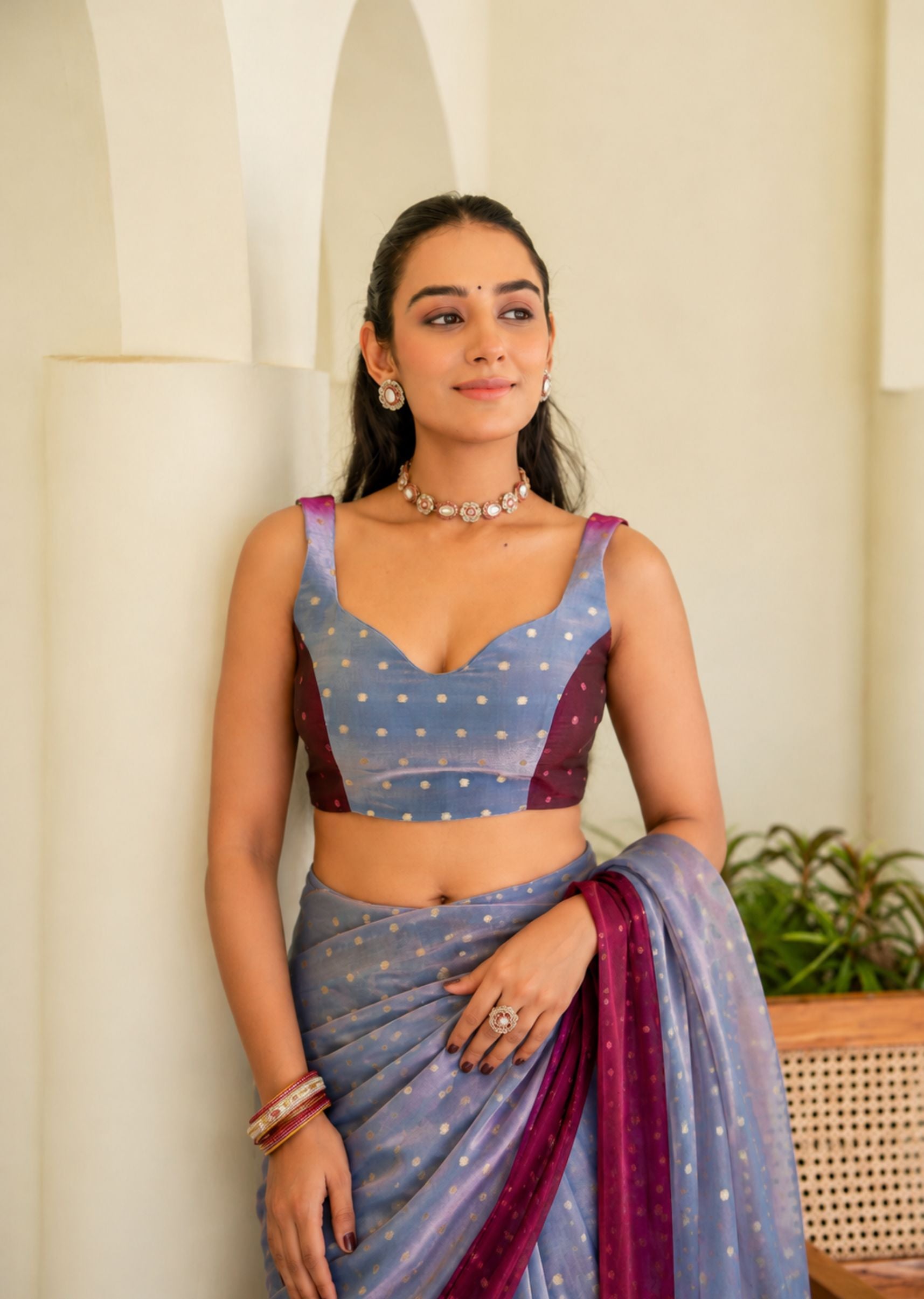 Royal Wine Grey Organza Silk Saree Close Up Pose - Sequin Work Detail